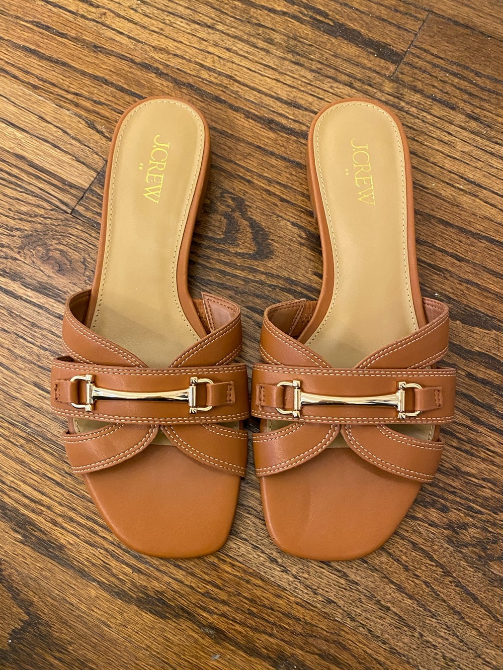 J. Crew Cognac Leather Slide Mules with Gold Hardware